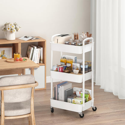 Sywhitta 3-Tier Plastic Rolling Utility Cart with Handle, Multi-Functional Storage Trolley for Office, Living Room, Kitchen, Movable Storage Organizer with Wheels, Black