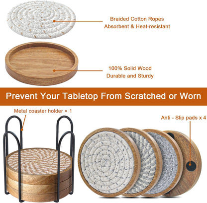 Wood Coasters for Drinks, Eykao Absorbent Coaster Sets of 5, Woven Drink Coasters for Coffee Table, Housewarming Gift for Farmhouse Home Decor,4 inches