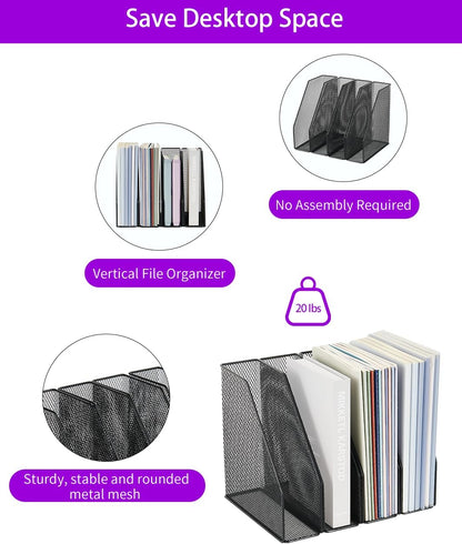 AUPSEN 5-Section File Organizer for Desk, Wood Mesh Desktop File Organizer, File Sorter Storage Rack, Vertical Folder Holder for Files, Magazines, Books (Black)