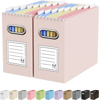 Oterri File Organizer Box, Portable Collapsible Cardboard File Folder Organizer with Handle for Letter Size Hanging Files, Document Storage Box for Home Office & Classroom (Pink)