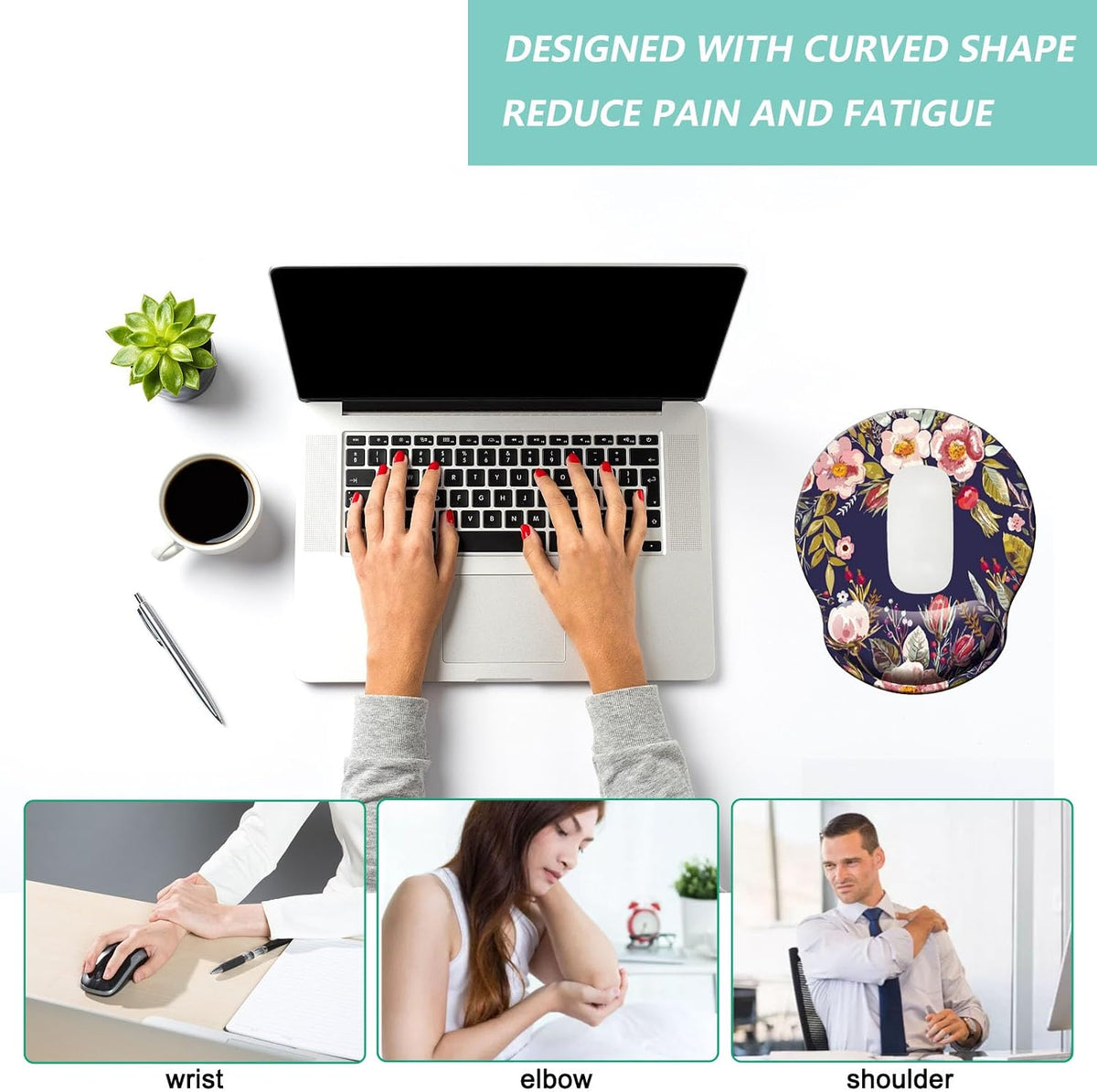 Mouse Pad with Wrist Support, Ergonomic Mouse Pad with Memory Foam Wrist Rest Cushion, Non-Slip Rubber Base Gaming Mice Pad for Home Office Computer Laptop, Flower Black