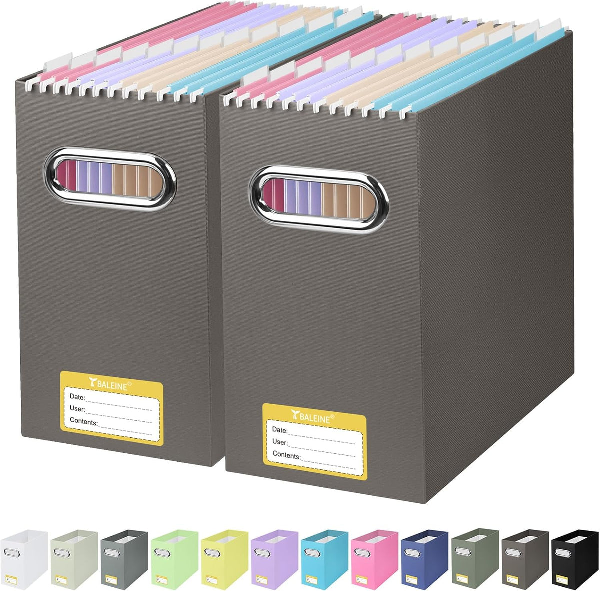 BALEINE File Organizer Box, Cardboard File Folder Organizer with Handle for Letter Size, Portable Collapsible Hanging Filing Box for Home Office Document Storage (2 Pack, Black)