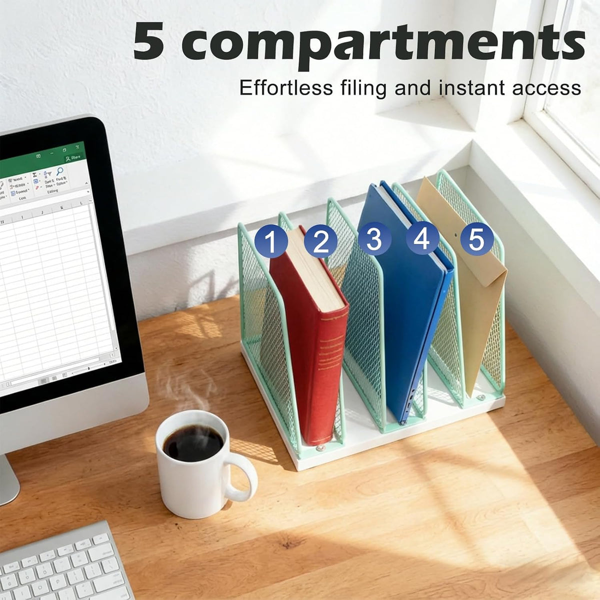 AUPSEN 5-Section File Organizer for Desk, Wood Mesh Desktop File Organizer, File Sorter Storage Rack, Vertical Folder Holder for Files, Magazines, Books (Black)