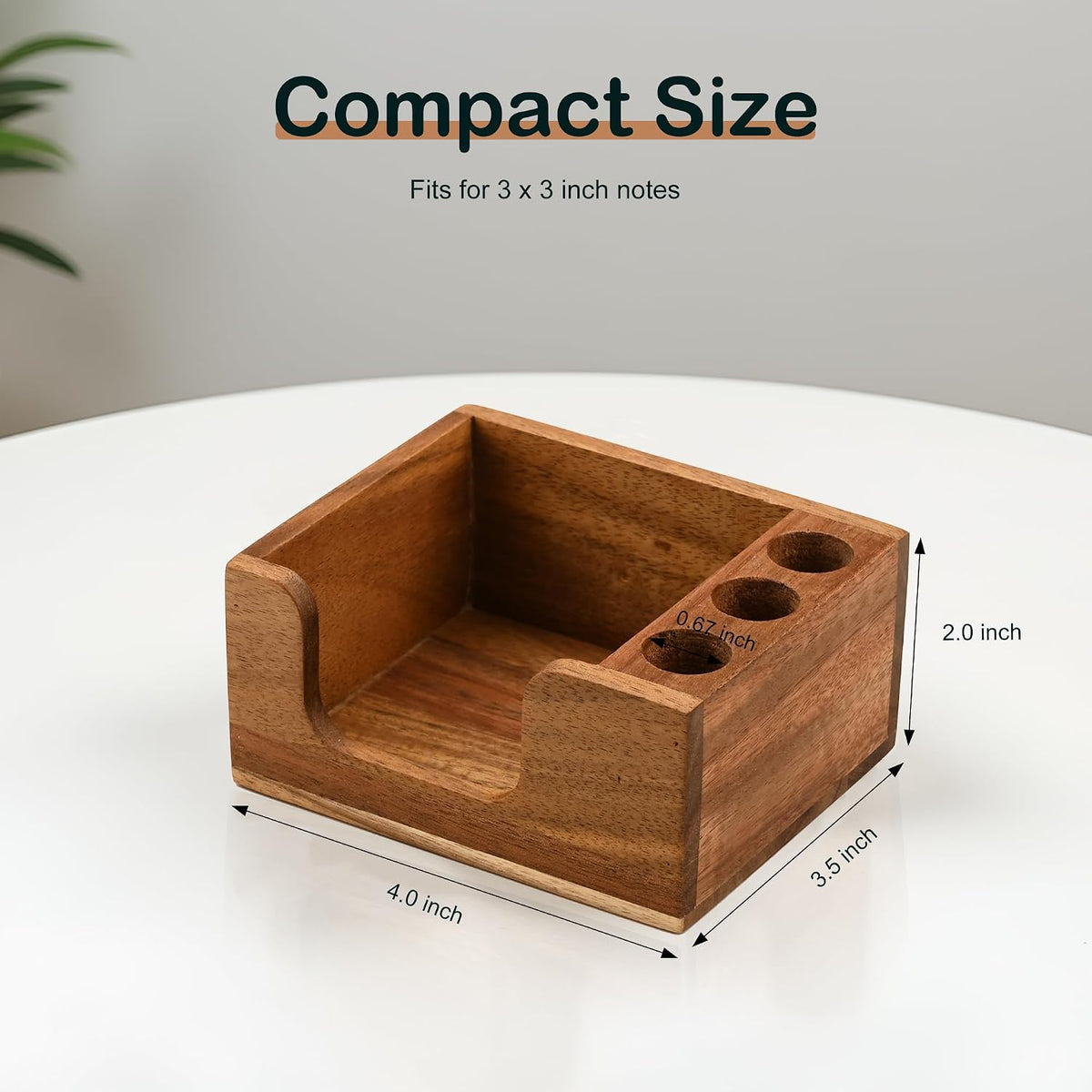 Acacia Wood Sticky Note Holder with 3 Pen Holders, 3x3 Post It Note Dispenser with Anti-Slip Pads, All-in-One Wooden Desk Organizer for Office Home School (4.0“x3.5"x2")