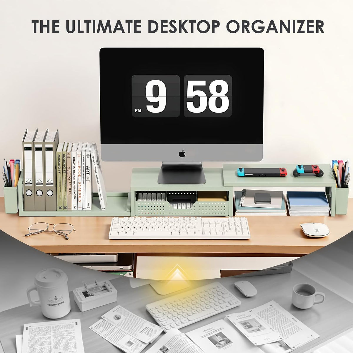 OPNICE Desk Organizers and Accessories, Dual Monitor Stand Riser with Drawer and 2 Pen Holders, Desk Shelf Metal Computer Racks for Office Workspace Organizers, Desktop Organization (Black Metal)
