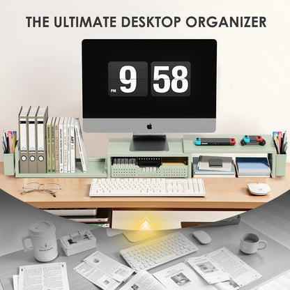 OPNICE Desk Organizers and Accessories, Dual Monitor Stand Riser with Drawer and 2 Pen Holders, Desk Shelf Metal Computer Racks for Office Workspace Organizers, Desktop Organization (Black Metal)