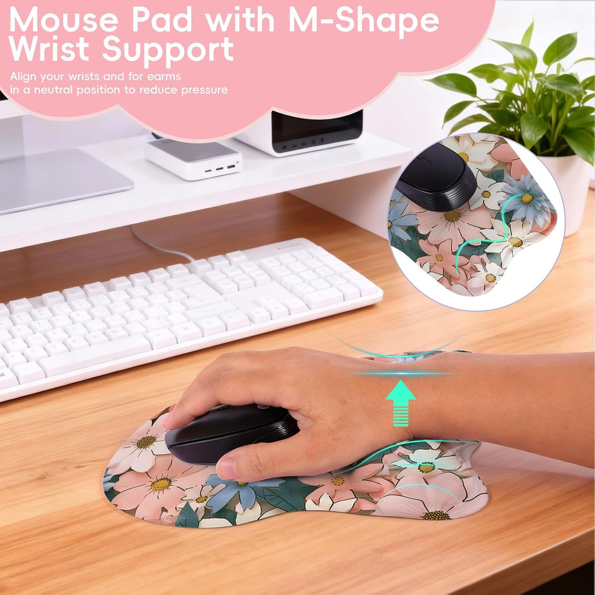 Wrist Support Mouse Pad Anti Slip Rubber Wrist Rest Mousepad 9in X 8in Small Desktop Notebook Mouse Mat for Working and Gaming (M-Pink Floral)