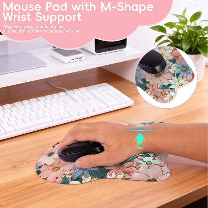 Wrist Support Mouse Pad Anti Slip Rubber Wrist Rest Mousepad 9in X 8in Small Desktop Notebook Mouse Mat for Working and Gaming (M-Pink Floral)