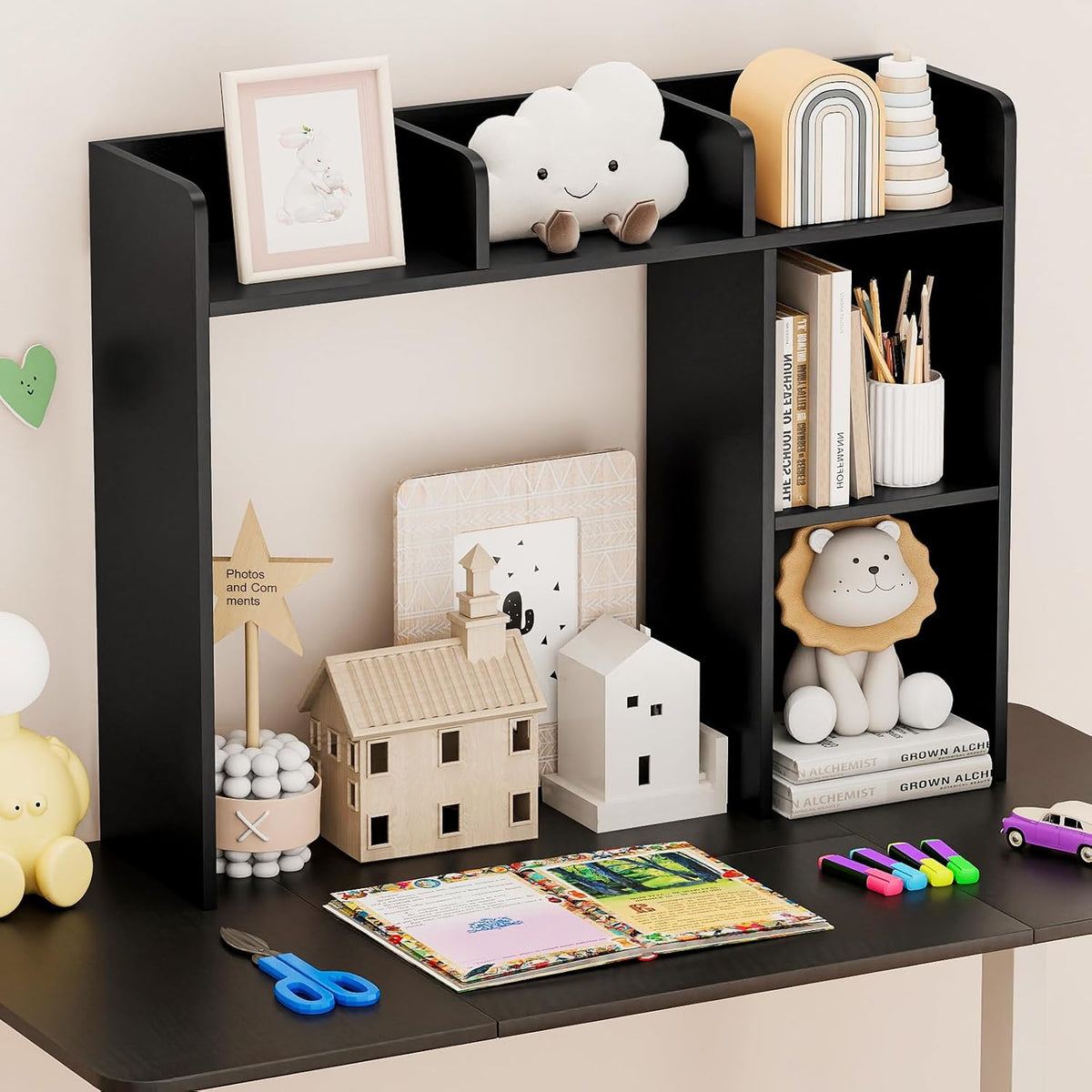 Desktop Bookshelf, Countertop Storage Hutch with 5 Shelves for Computer Desk, Desk 3-Tier Display Rack, Multipurpose Wood Desktop Hutch Storage Organizer for Dorm Office Home
