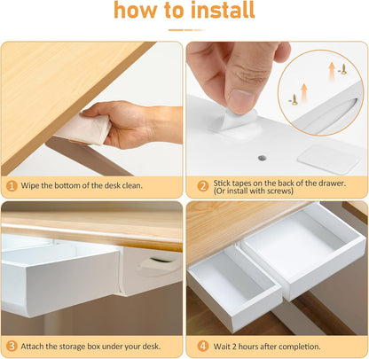 Bamboo Under Desk Drawer, Self-Adhesive Slide Out Under Desk Organizer and Storage Including Mounting Hardware (White)