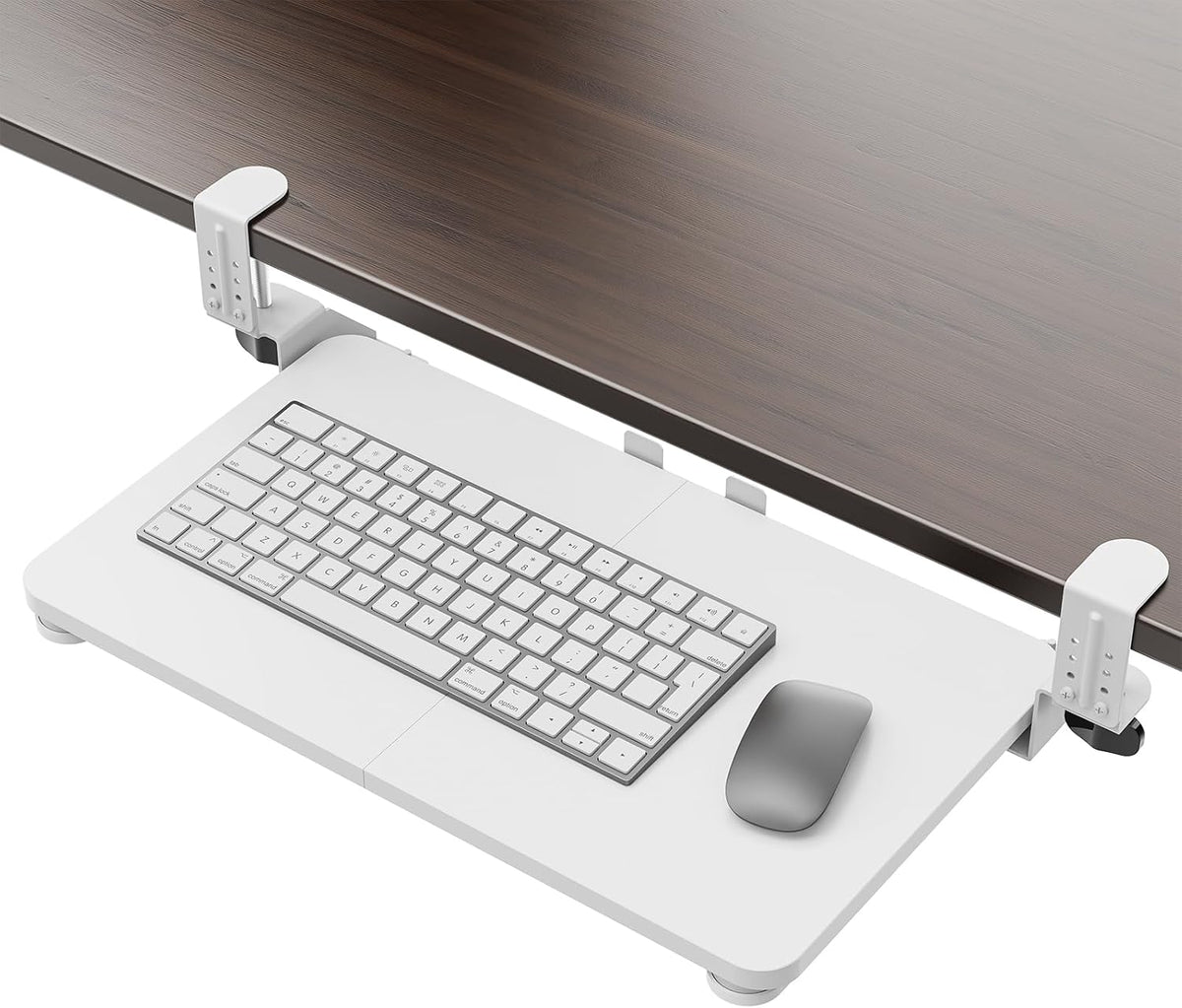 Small Keyboard Tray Under Desk, Pull Out Keyboard & Mouse Tray with Adjustable C-clamp, 20(25.9 Including Clamps) x 11.8 Inch Slide Out Computer Keyboard Drawer Mouse Tray for Typing, Walnut