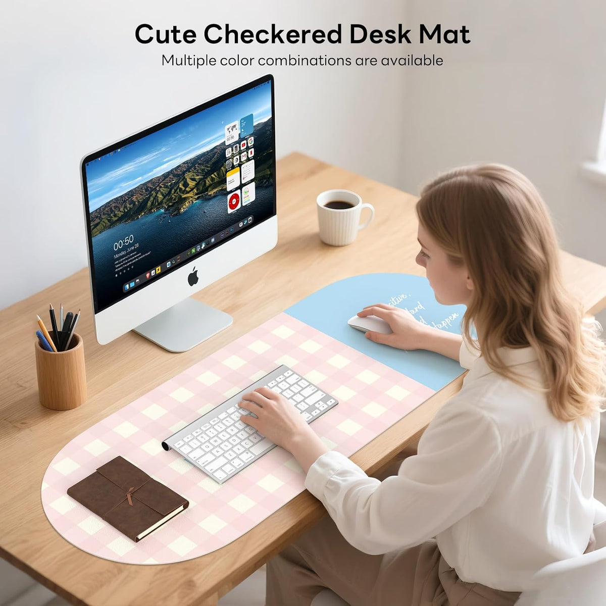 Checkered Pattern Desk Pad Protector, 35.5 x 13'' Aesthetic Mouse Mat for Desktop, Waterproof PU Leathe Non-Slip Desk Writing Pad for Office and Home, Green and Purple