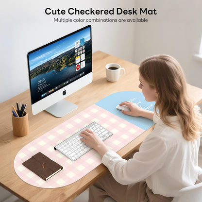 Checkered Pattern Desk Pad Protector, 35.5 x 13'' Aesthetic Mouse Mat for Desktop, Waterproof PU Leathe Non-Slip Desk Writing Pad for Office and Home, Green and Purple