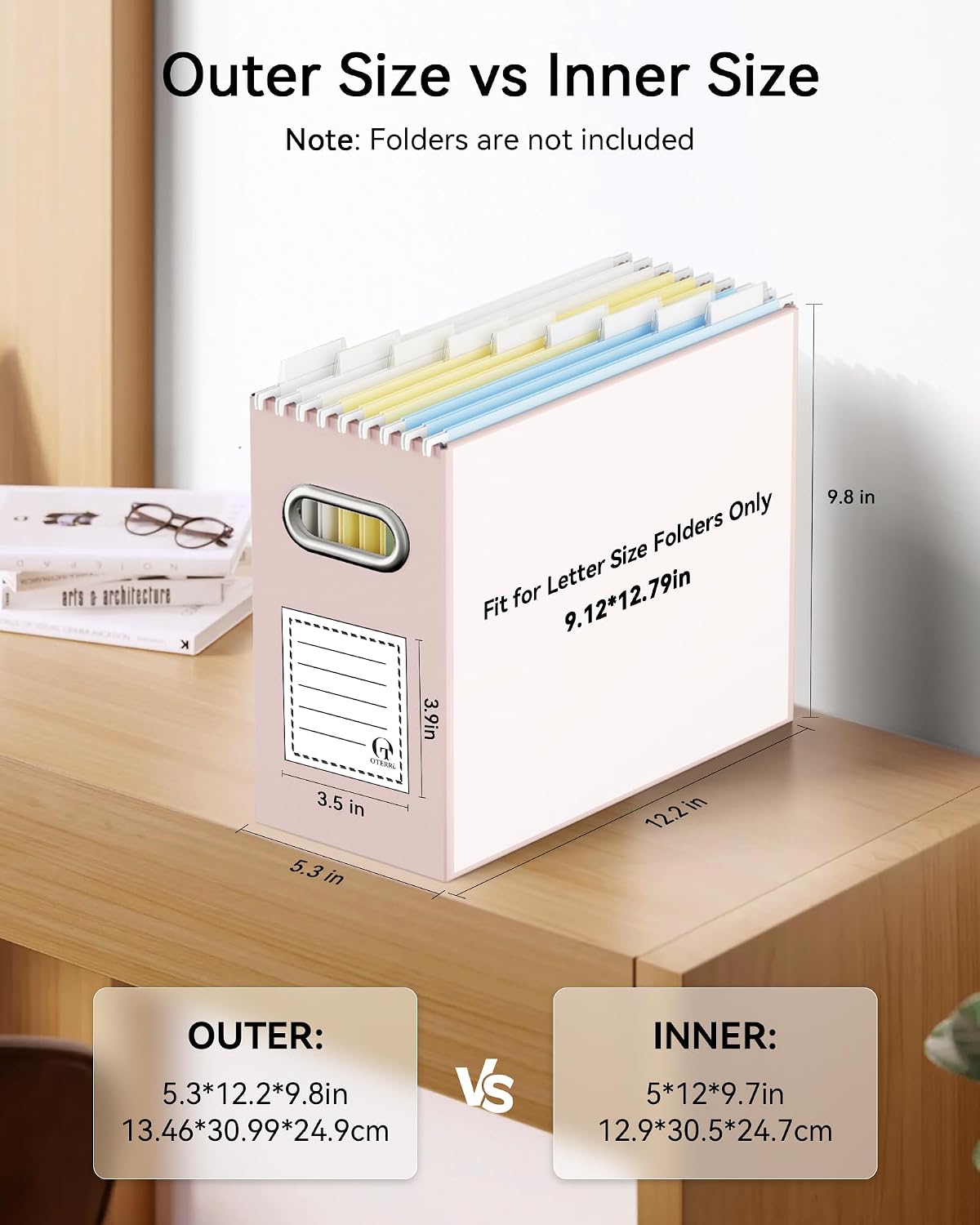 Oterri File Organizer Box, Portable Collapsible Cardboard File Folder Organizer with Handle for Letter Size Hanging Files, Document Storage Box for Home Office & Classroom (Pink)