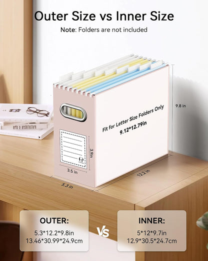 Oterri File Organizer Box, Portable Collapsible Cardboard File Folder Organizer with Handle for Letter Size Hanging Files, Document Storage Box for Home Office & Classroom (Pink)