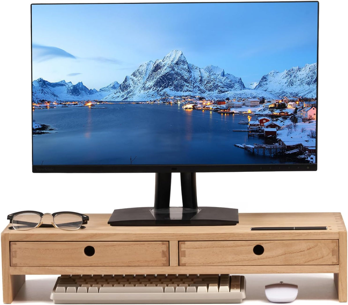 KIRIGEN Wood Monitor Stand with 2 Drawers, Solid Wood Computer Monitor Riser for Desk, Desktop Organizer Shelf with Cable Management, Pen Slots, Brown, No Assembly PMJ-DBR