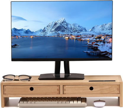 KIRIGEN Wood Monitor Stand with 2 Drawers, Solid Wood Computer Monitor Riser for Desk, Desktop Organizer Shelf with Cable Management, Pen Slots, Brown, No Assembly PMJ-DBR