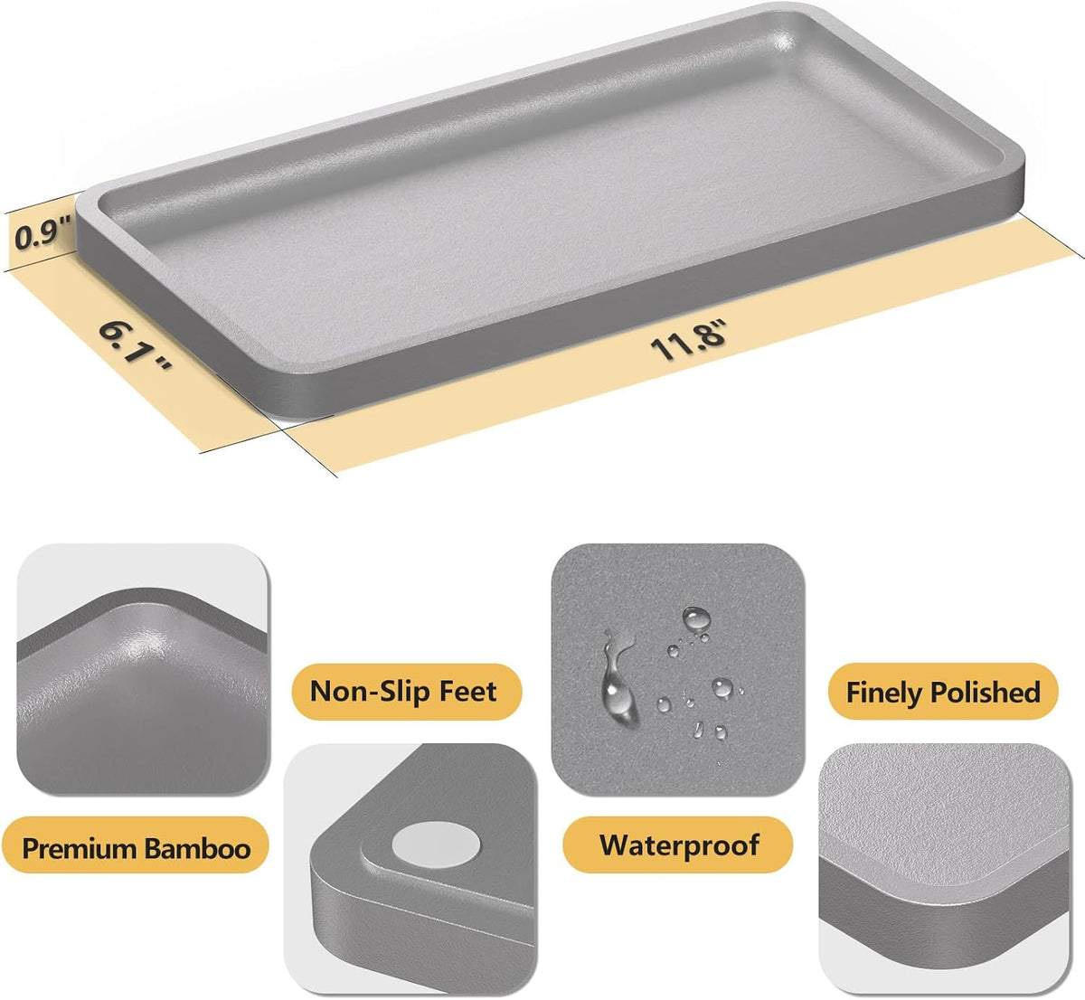 Small Bathroom Vanity Tray for Countertop Makeup Perfume Jewelry Decor Candle Keys, Small Black Kitchen Tray for Soap Dispenser Spice Bamboo Toilet Tray 7.9" L x 4" W x 0.79" H