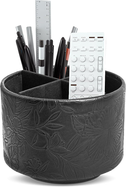 Round Leather Art Supply Organizer,Remote Control Holder,360 Degree Rotating,Multi-Functional Pencil Holder,4 Compartments Desktop Stationary Organizer(1-Blue Bird) - Colors B