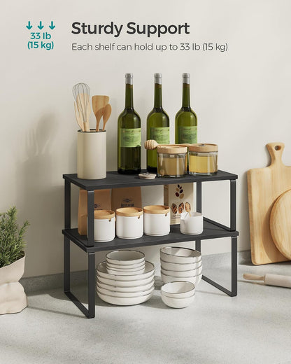 SONGMICS Cabinet Organizer Shelf, Set of 4 Kitchen Counter Shelves, Kitchen Storage, Spice Rack, Stackable, Expandable, Metal and Engineered Wood, Cloud White and Natural Beige UKCS010N01