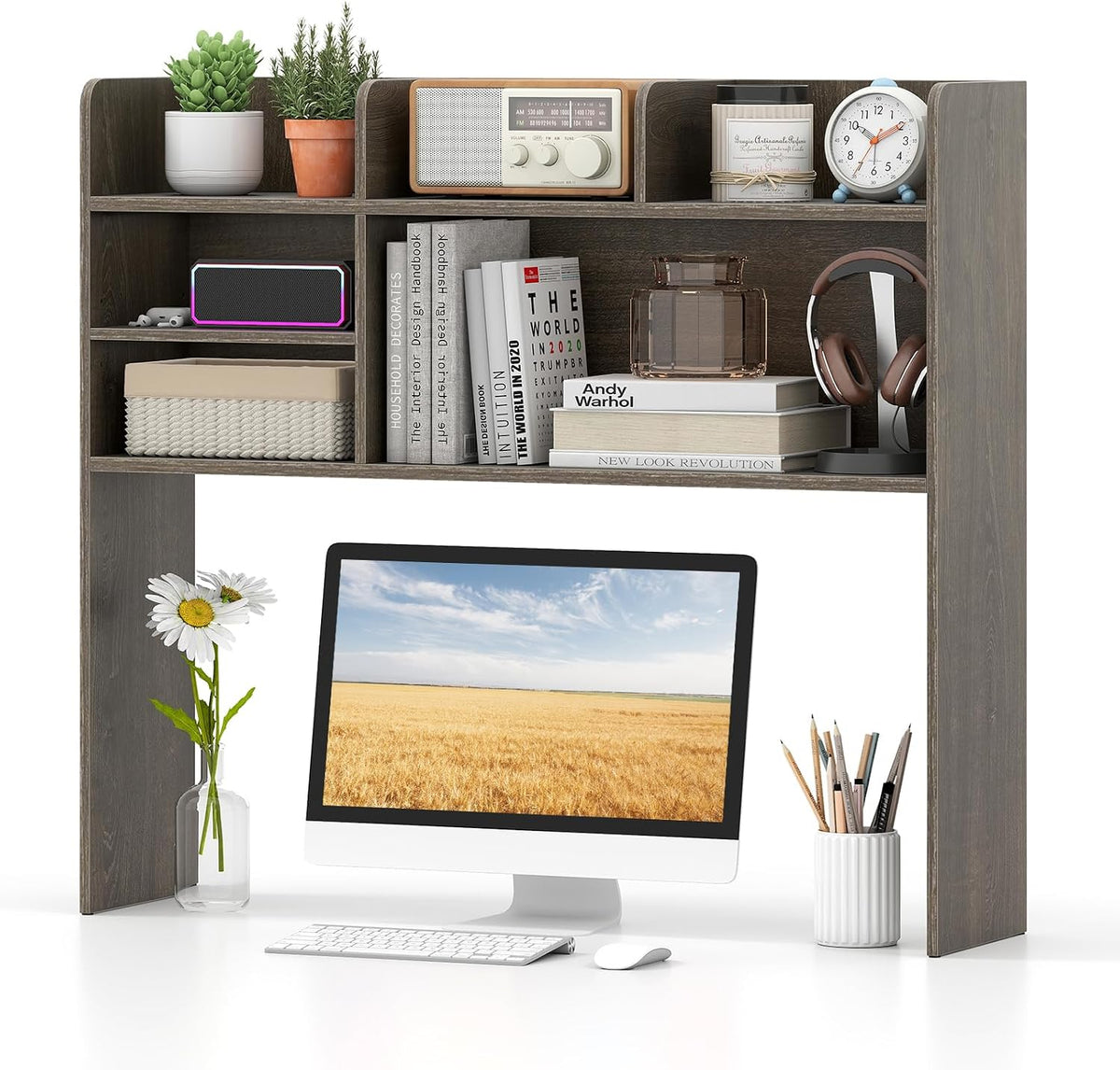 Desktop Bookshelf, Countertop Storage Hutch with 5 Shelves for Computer Desk, Desk 3-Tier Display Rack, Multipurpose Wood Desktop Hutch Storage Organizer for Dorm Office Home