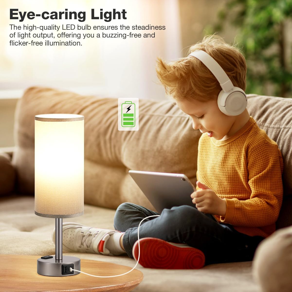 Fenmzee Bedside Table Lamp for Bedroom - Dimmable Touch, USB A+C, AC Outlet