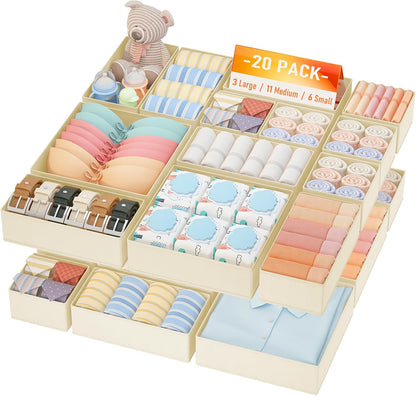 Drawer Organizer Clothes, Dresser Organizer, Foldable Closet Organizers and Storage, Fabric Dresser Bins, Drawer Dividers for Nursery, Baby Clothes, Underwears, Sock (Beige)