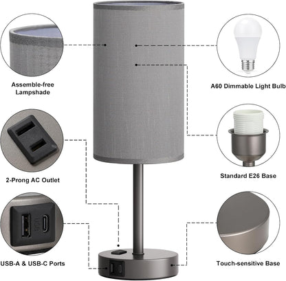 Fenmzee Bedside Table Lamp for Bedroom - Dimmable Touch, USB A+C, AC Outlet