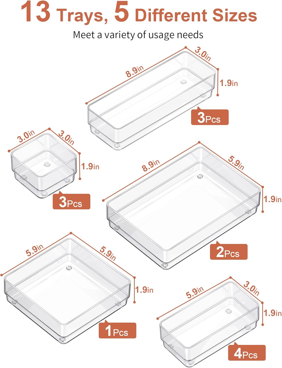 SMARTAKE Drawer Organizer with Non-Slip Silicone Pads, 5-Size Desk Drawer Organizer Trays Storage Tray for Makeup, Jewelries, Utensils in Bedroom Dresser, Office and Kitchen (Clear)