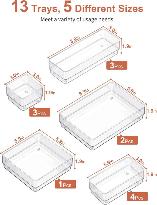 SMARTAKE Drawer Organizer with Non-Slip Silicone Pads, 5-Size Desk Drawer Organizer Trays Storage Tray for Makeup, Jewelries, Utensils in Bedroom Dresser, Office and Kitchen (Clear)