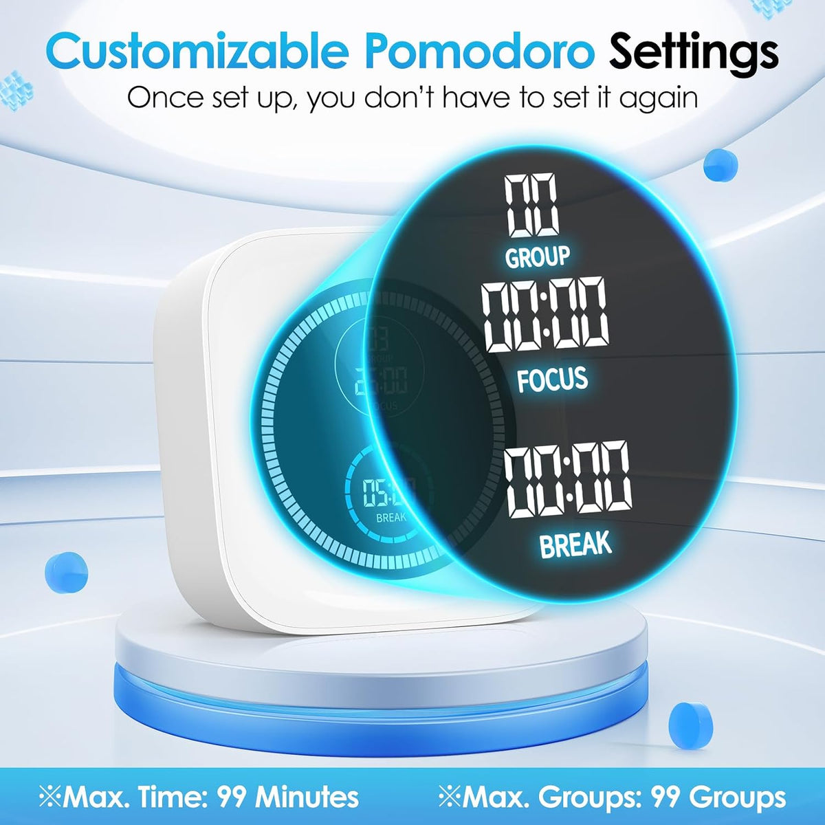 HAUKINIX 99-Minute Visual Timer with Pomodoro Timer Productivity Focus Timer Countdown Stopwatch Desk ADHD for Study, Work, Student, Procrastination, Loud Alarm/Mute/Vibration, 2 Brightness Levels