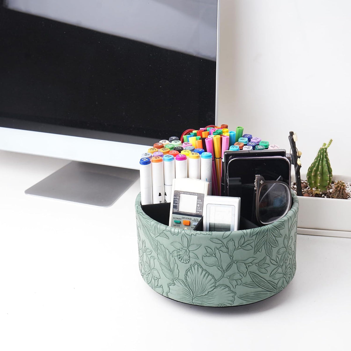 Round Leather Art Supply Organizer,Remote Control Holder,360 Degree Rotating,Multi-Functional Pencil Holder,4 Compartments Desktop Stationary Organizer(1-Blue Bird) - Colors C