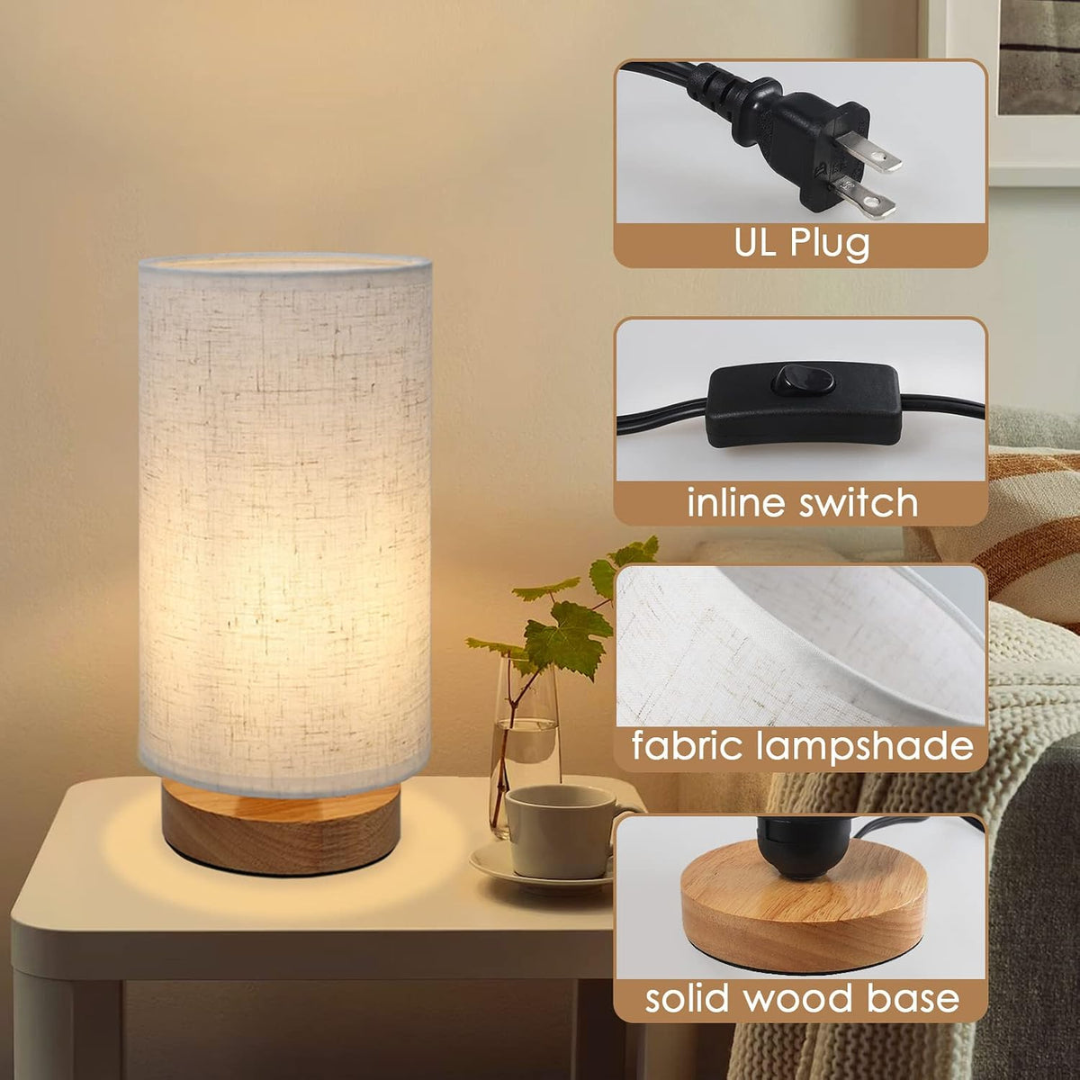 Small Bedside Table Lamp for Bedroom,Natural Round Wood Base&Fabric Linen Shade,Cozy Night Table Light for Study Reading,Minimalist Boho Desk Lamp for Nightstand,Living Room,Nursery,Kitchen,Dorm