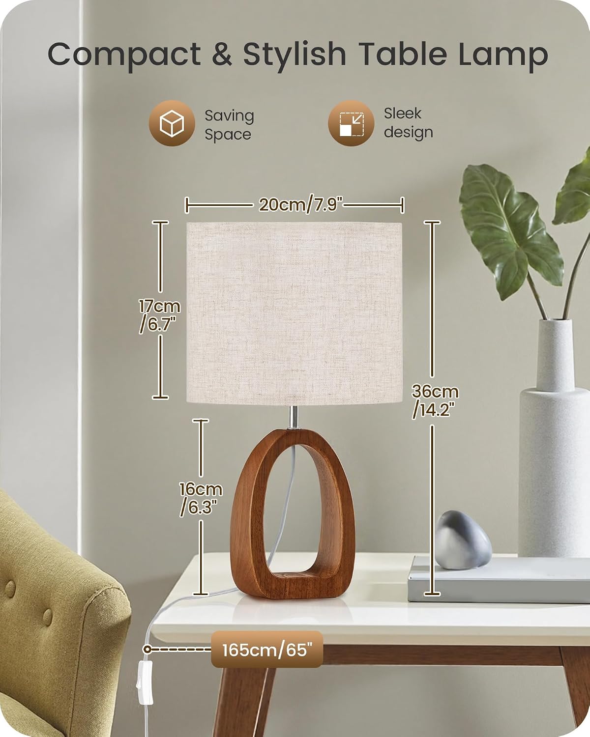 Small Table Lamp, 14.2" Cute Little Desk Lamp, Wood Bedside Lamp with Linen Lampshade, Modern Nightstand Lamp for Bedroom, E26 Base, Bulb Not Included, Beige and Dark Natural LE07TL05