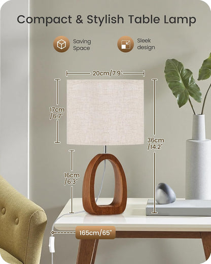 Small Table Lamp, 14.2" Cute Little Desk Lamp, Wood Bedside Lamp with Linen Lampshade, Modern Nightstand Lamp for Bedroom, E26 Base, Bulb Not Included, Beige and Dark Natural LE07TL05
