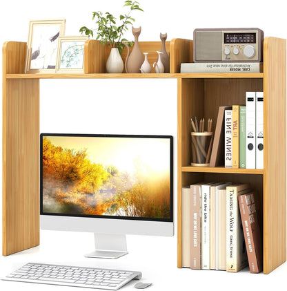 Desktop Bookshelf, Countertop Storage Hutch with 5 Shelves for Computer Desk, Desk 3-Tier Display Rack, Multipurpose Wood Desktop Hutch Storage Organizer for Dorm Office Home