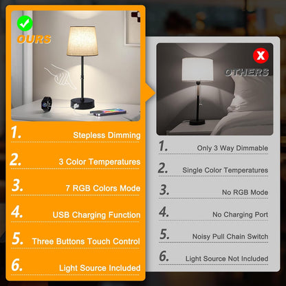 Ascher Small Bedside Table lamp, RGB Color Changing Lamps, 3 Color Temperatures, Dimmable Nightstand Lamp with USB C+A Ports, Touch Desk Lamp for Bedroom Living Room, H11.4in(Flaxen Shade)