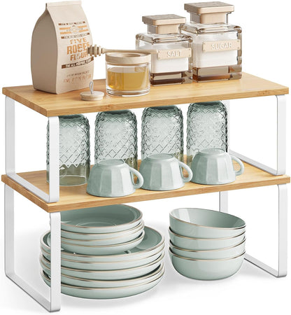 SONGMICS Cabinet Organizer Shelf, Set of 4 Kitchen Counter Shelves, Kitchen Storage, Spice Rack, Stackable, Expandable, Metal and Engineered Wood, Cloud White and Natural Beige UKCS010N01
