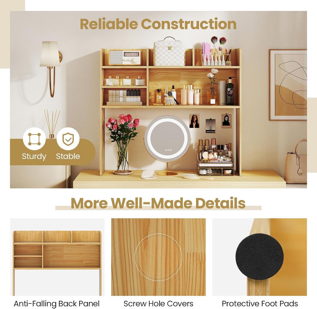 Desktop Bookshelf, Countertop Storage Hutch with 5 Shelves for Computer Desk, Desk 3-Tier Display Rack, Multipurpose Wood Desktop Hutch Storage Organizer for Dorm Office Home