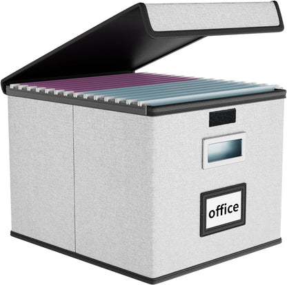 Upgraded Portable File Organizer Box with Lid, Collapsible Linen Hanging Filing Storage Boxes with Plastic Slides, Decorative Home/Office Filing System Box for File and Folders Storage (Gray)