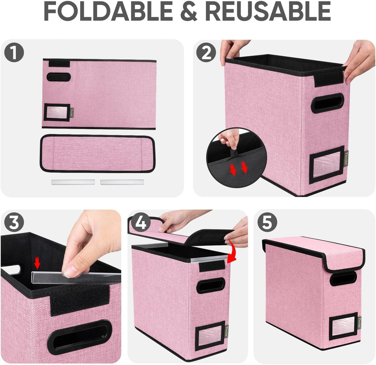 BALEINE File Organizer Box with Lid, Collapsible File Folder Organizer with Plastic Slide, Hanging File Folder Box for Office Document Storage (Black)