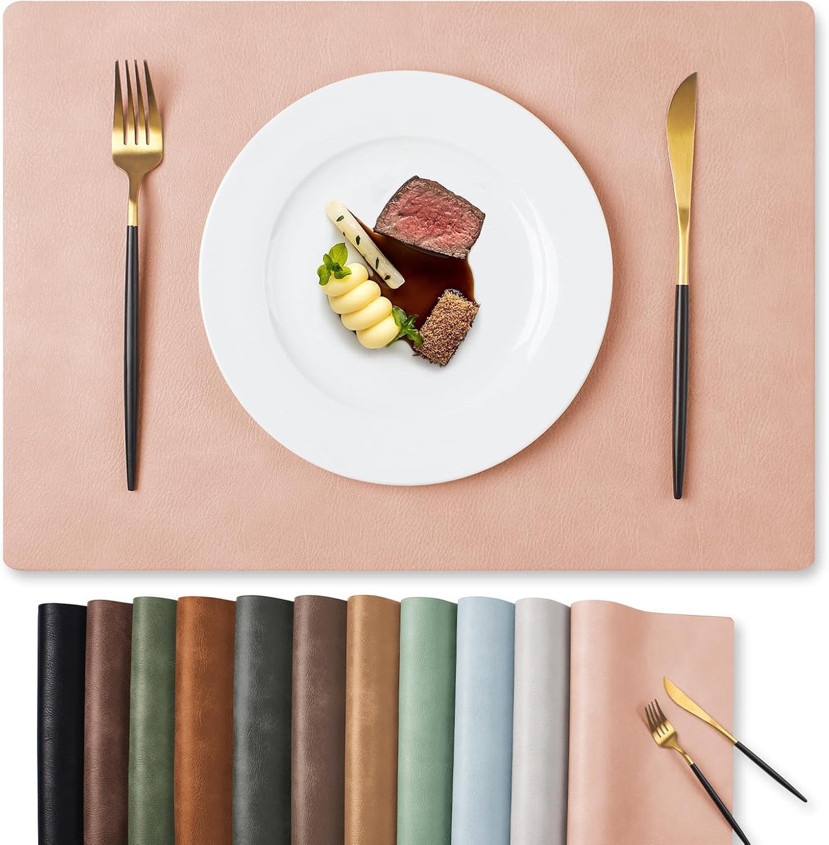 MOSAYT Vinyl Placemats Set of 6-12 X 17 Inch - Faux Leather 100% Waterproof Oil-Proof Wipeable PU Place Mats, Heat Resistant Reversible Table Mats for Kitchen, Dining, Outdoor, Reddish Brown