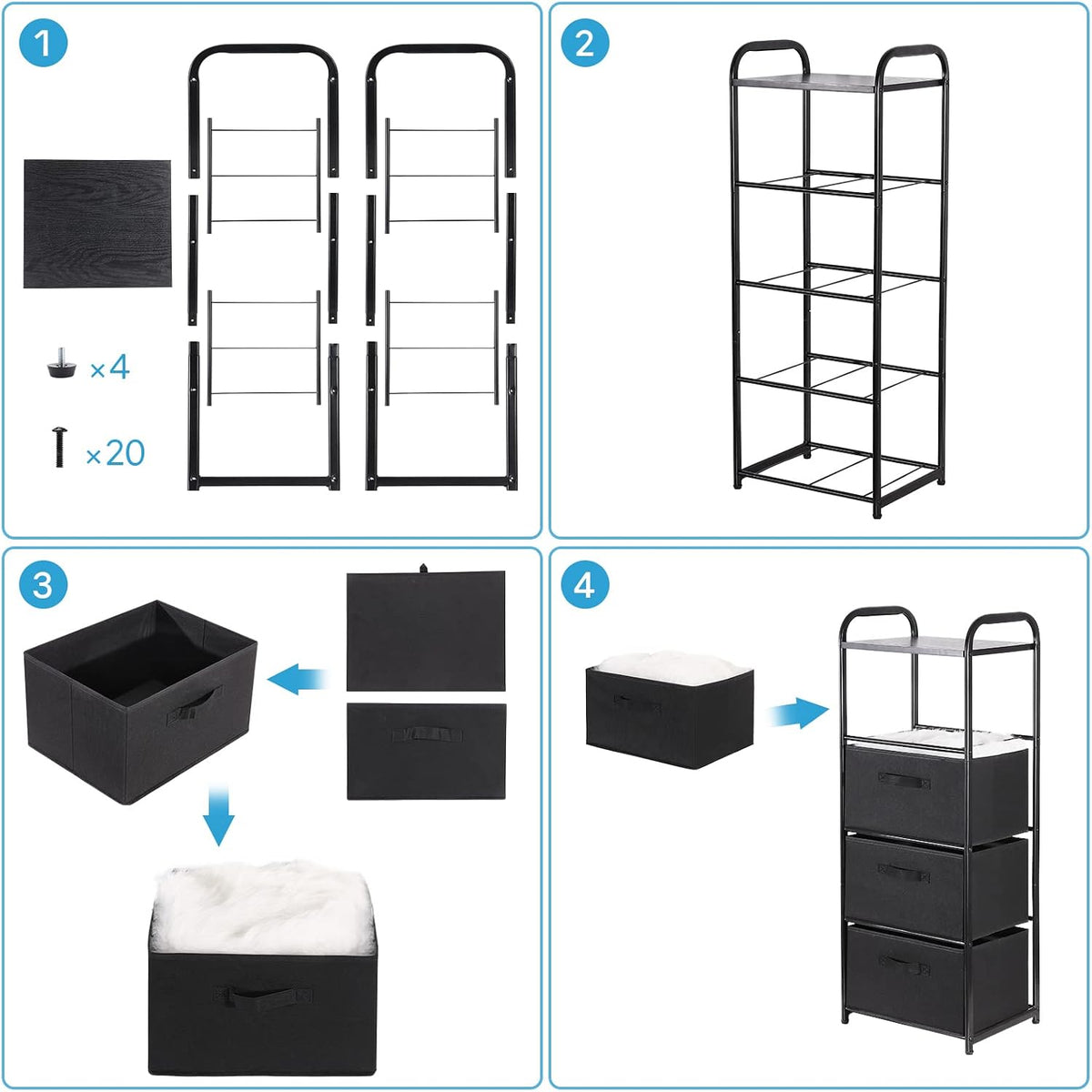 Dresser Storage with 3 Drawers, Fabric Dresser Tower, Vertical Storage Unit for Bedroom, Closet, Office, Black