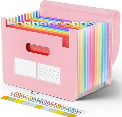 Sooez Accordion File Organizer, 13 Pockets Expanding File Folder, Portable Monthly Paper Bill Tax Receipt Organizer, Letter A4 Size Document Holder with Blank Labels, Black
