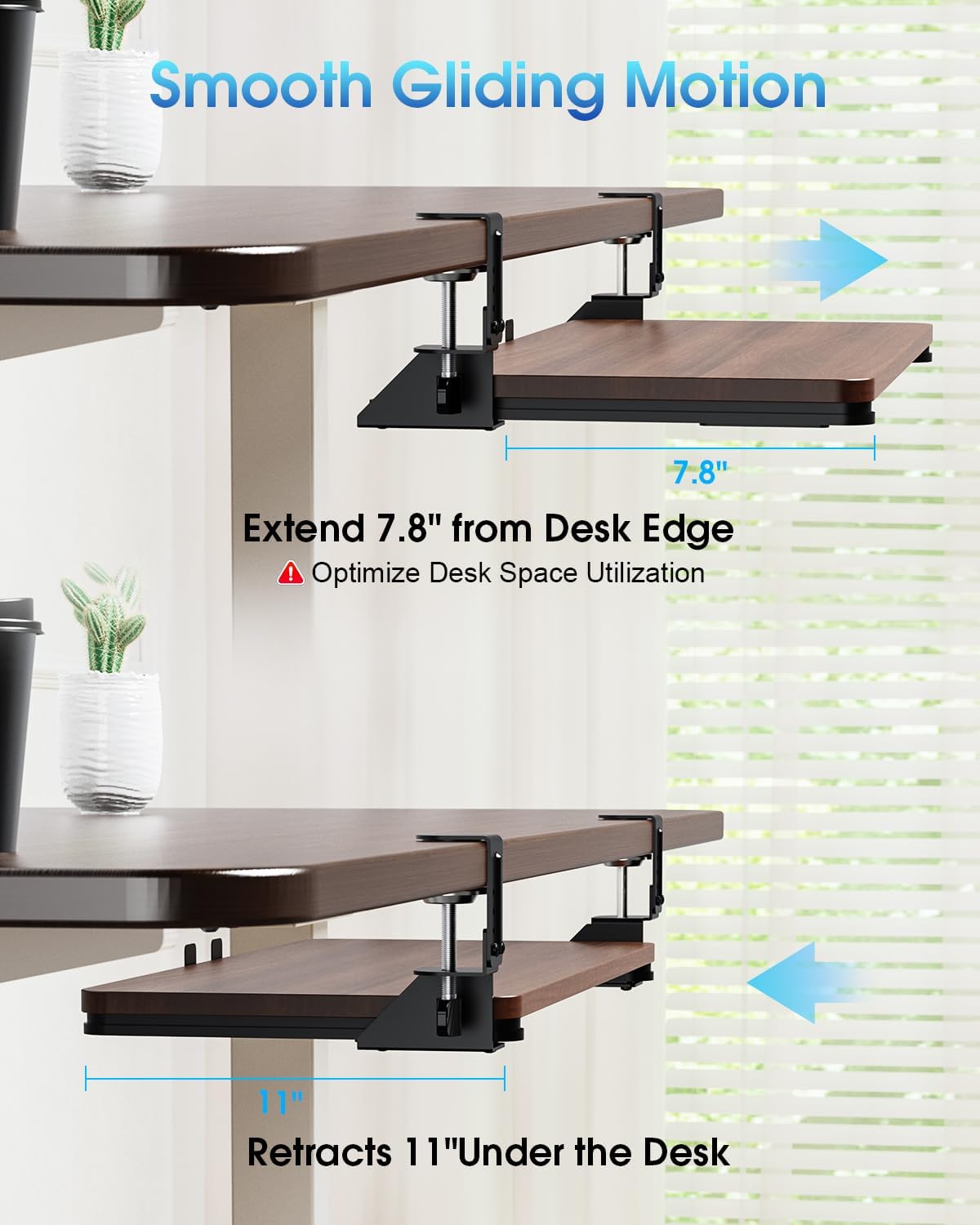 Small Keyboard Tray Under Desk, Pull Out Keyboard & Mouse Tray with Adjustable C-clamp, 20(25.9 Including Clamps) x 11.8 Inch Slide Out Computer Keyboard Drawer Mouse Tray for Typing, Walnut