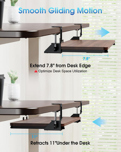 Small Keyboard Tray Under Desk, Pull Out Keyboard & Mouse Tray with Adjustable C-clamp, 20(25.9 Including Clamps) x 11.8 Inch Slide Out Computer Keyboard Drawer Mouse Tray for Typing, Walnut