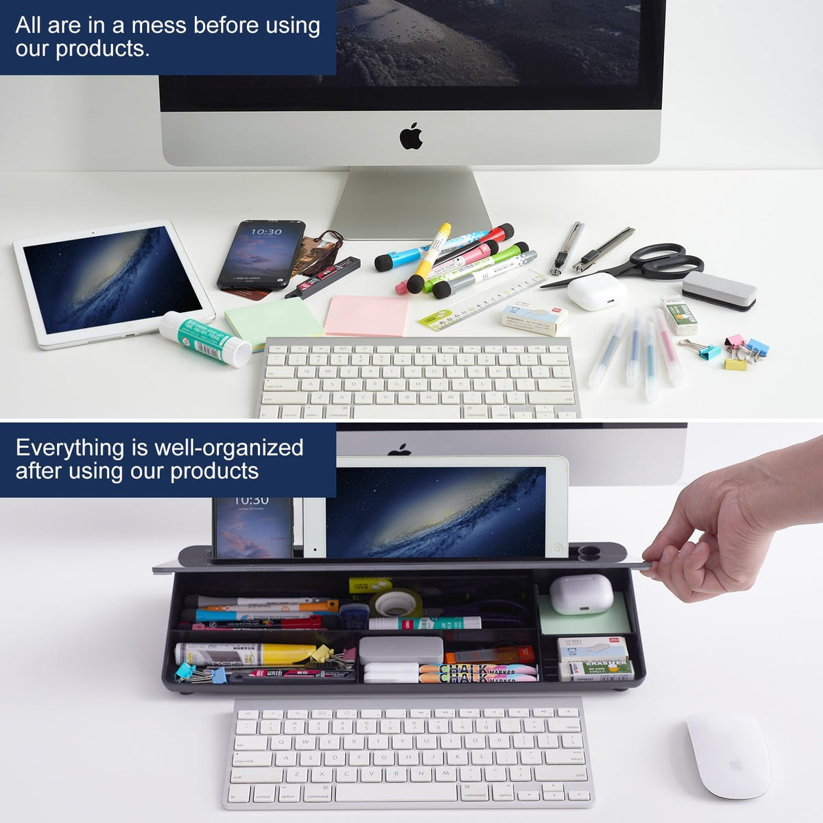TSJ OFFICE Desktop Whiteboard Dry-Erase-Board - Computer Keyboard Stand White Board Surface Pad with Drawer, Desk Organizers with Accessories for Office, Home, School Supplies - Black