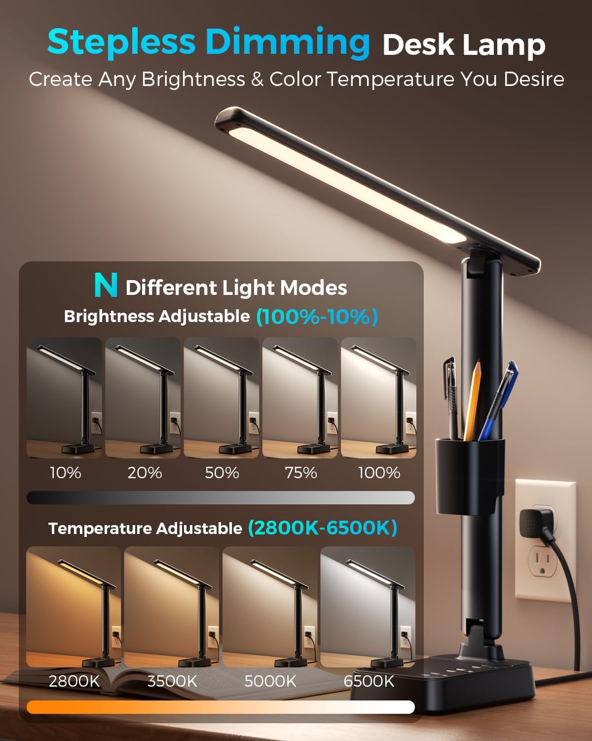 LED Desk Lamp with Power Strip, 3 AC Outlets & 4 USB Ports (2 USB-C), Stepless Dimming & 2800K-6500K Eye-Caring Desk Light, Foldable Table Lamp with 5FT Cord for Home Office, Dorm Room Essentials