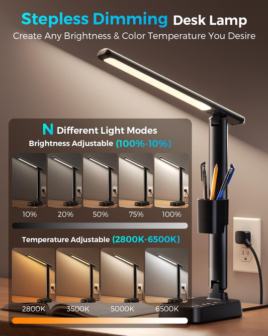 LED Desk Lamp with Power Strip, 3 AC Outlets & 4 USB Ports (2 USB-C), Stepless Dimming & 2800K-6500K Eye-Caring Desk Light, Foldable Table Lamp with 5FT Cord for Home Office, Dorm Room Essentials
