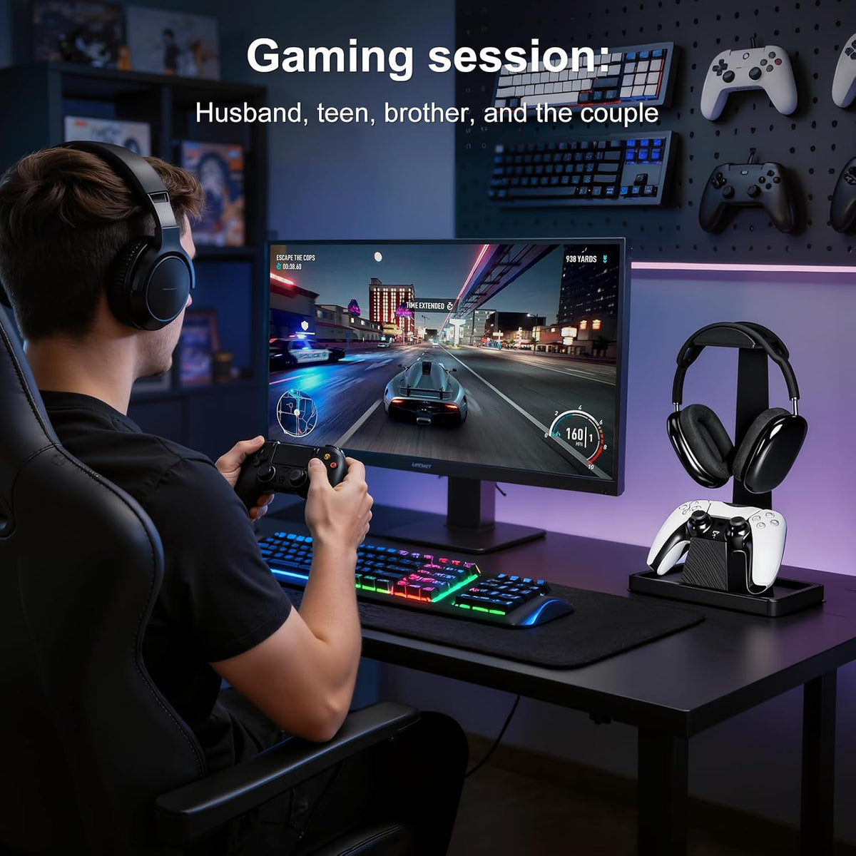 UPERGO Solid Wood Headphone Stand with Controller Holder for Desk | Natural Solid Wood, Holds 1 Headset & 1 Controller, Gamer Gifts for Men, Gaming Desk Accessories for PS5/Xbox/Switch